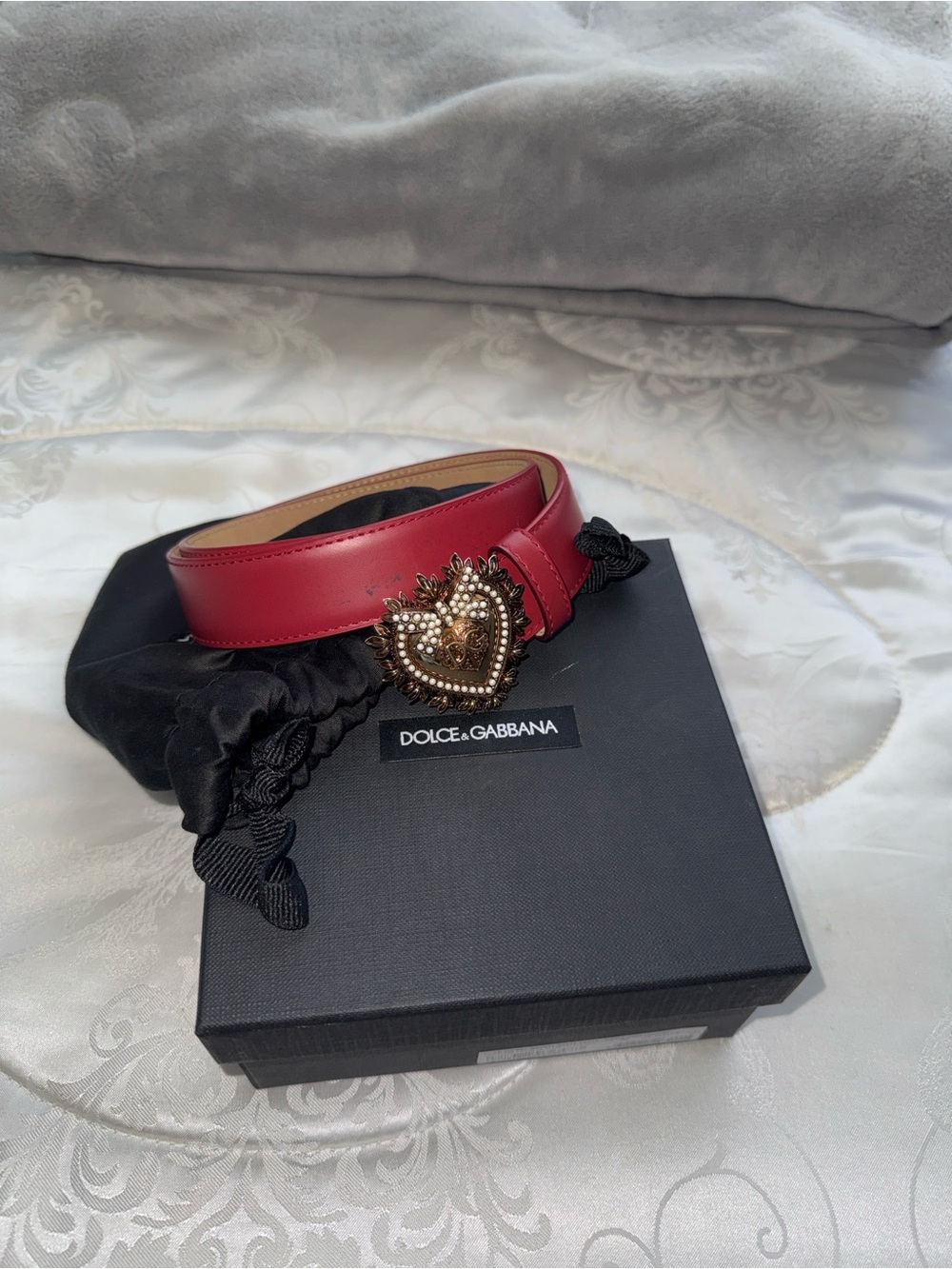 Dolce & Gabbana Red Leather Belt with Ornate Heart Buckle